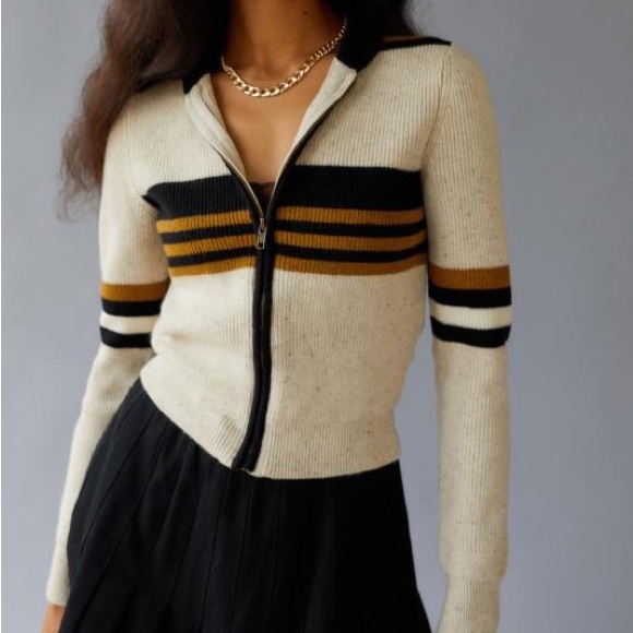 BDG Quinn Zip Up Sweater Cream Brown Black - Picture 1 of 1